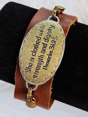 Vintage Brown Soft Leather Proverbs 31 verse Bracelet with Brass Accents